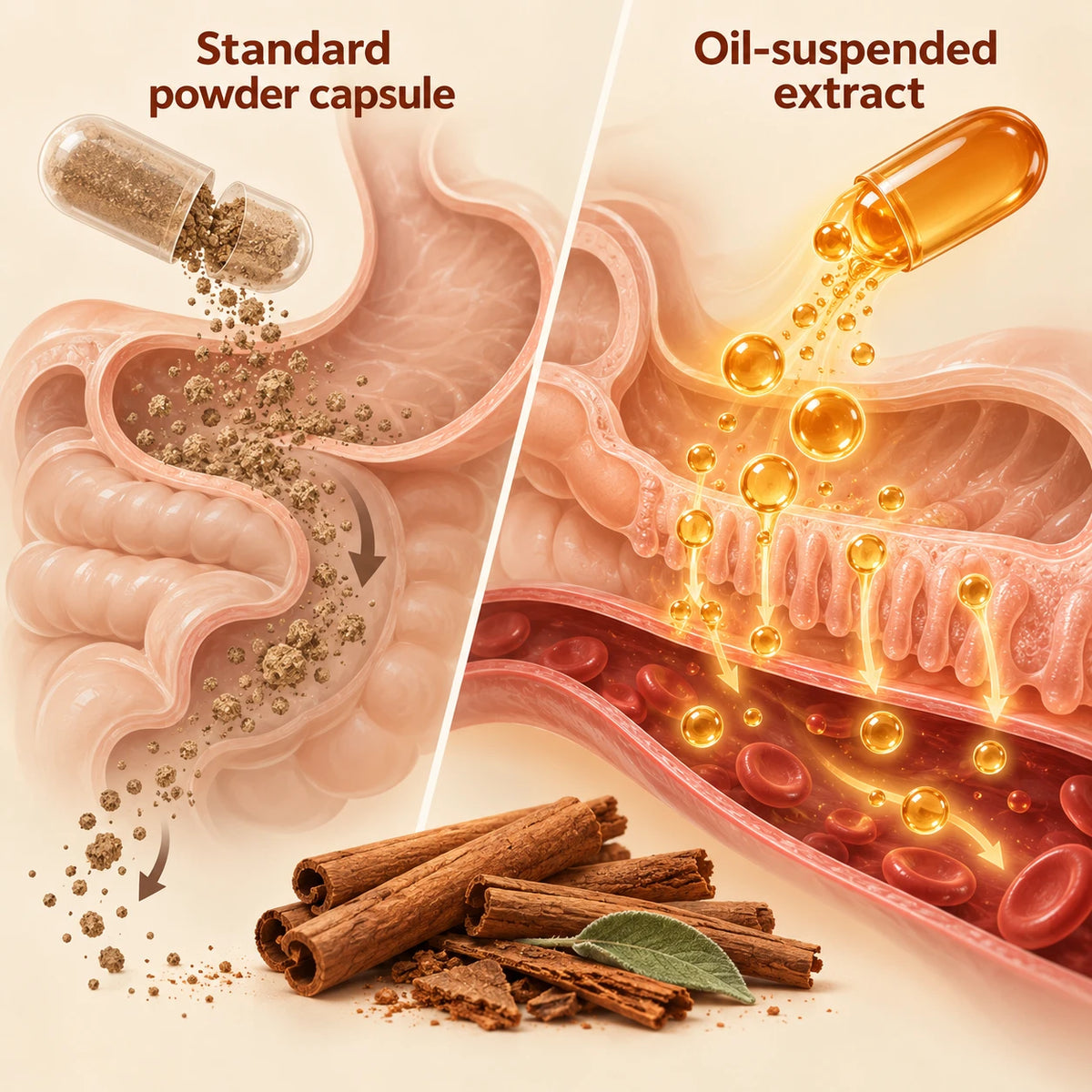Standard powder capsule passing through the gut compared with oil-suspended cinnamon extract absorbing into the bloodstream