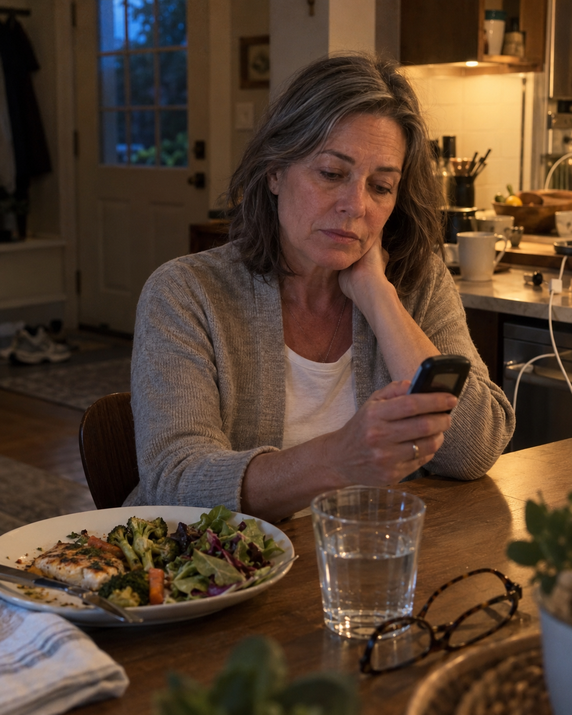 Woman at her kitchen table after a healthy dinner, looking at her glucose meter